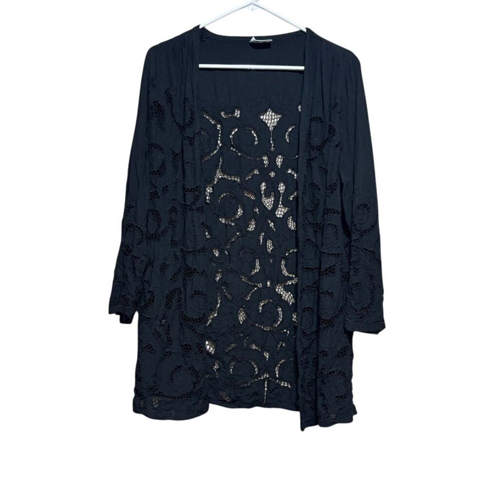 Surya Size S Black Crochet Lace Mesh Floral Open Cardigan Resort Beach Coverup